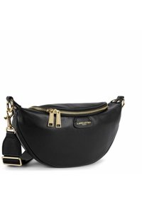 Sac bandoulière en cuir noir avec une forme courbée, doté de fermetures éclair dorées et de détails de logo. Texture lisse avec une sangle réglable.
