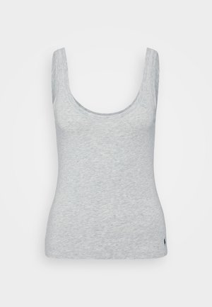 Graues ärmelloses Tanktop aus weichem Stoff mit einem runden Ausschnitt und einer leichten Melange-Optik. Besitzt ein kleines Logo-Detail am Saum.