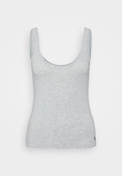 Pelēka bezpiedurkņu T-paida izgatavota no mīkstas auduma, ar plašu kakla izgriezumu un vieglu heather tekstūru. Ievērības cienīgs neliels logo akcenti apakšmalā.