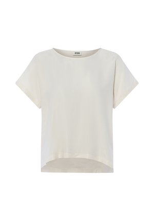 Cremefarvet kortærmet top lavet af letvægtsstof, med rund halsudskæring og en lettetr længere bageste søm. Glat tekstur, uden mønstre.