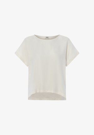 Cremefarvet kortærmet top lavet af letvægtsstof, med rund halsudskæring og en lettetr længere bageste søm. Glat tekstur, uden mønstre.