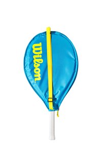 Blaue Nylon-Tennisschlägerhülle mit gelben Akzenten und 'Wilson'-Logo. Verfügt über einen weißen Griff und einen verstellbaren gelben Tragegurt für einfachen Transport.