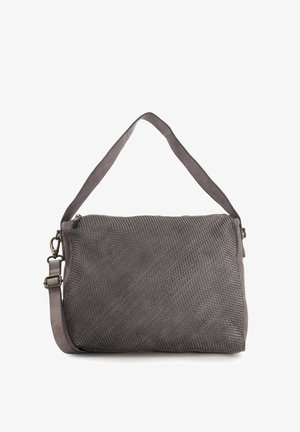 Gray handbag featuring a textured surface, adjustable strap, and a smooth panel on one side. Zipper closure and minimal hardware accents.