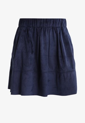 Falda de ante azul marino con un diseño acampanado, cinturilla elástica y sutiles plisados. Textura suave con un corte a la altura de la rodilla.