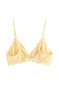 Beige blonde-bralette med justerbare tynde skulderstropper og hægte-lukning bagpå, vist fladt på en hvid baggrund.