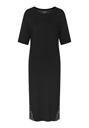 Czarna sukienka z okrągłym dekoltem, krótkimi rękawami i koronkowymi akcentami po bokach. Wykonana z miękkiego materiału o luźnym, prostym kroju.