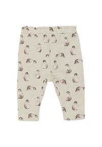 Ljusbeiga leggings med en mjuk textur, med ett upprepat pingvinmönster i nyanser av rosa och grått. Elastisk midja för komfort.