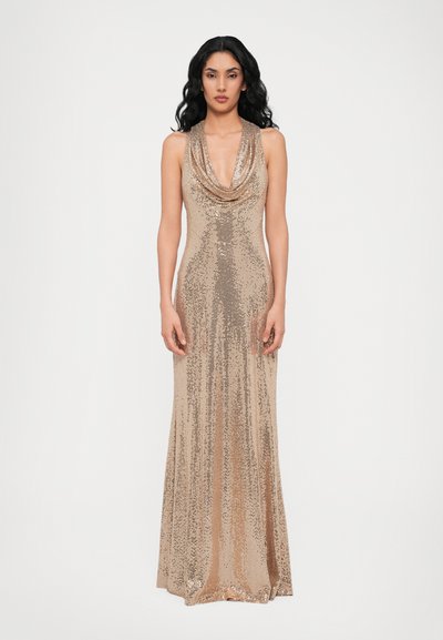 Shimmering gold gown with a cowl neckline, fitted silhouette, and floor-length design, featuring a textured sequin finish.