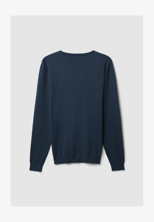 Maglione a maniche lunghe blu navy realizzato in tessuto morbido, con scollatura rotonda, polsini a coste e orlo dritto senza loghi visibili.