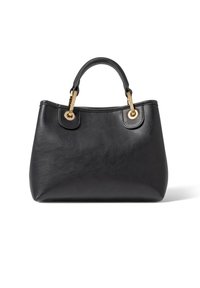 Borsa a mano in pelle nera con forma strutturata, manici corti, accessori in oro e due accenti circolari sul davanti. Texture liscia.