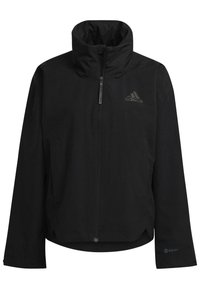 Zwarte waterdichte jas met een hoge kraag, ritssluiting aan de voorkant en zijzakken. Beschikt over het adidas-logo in donkergrijs. Glad textuur en minimaal ontwerp.