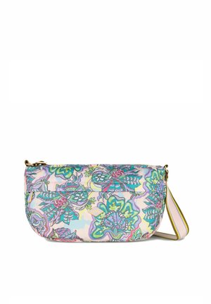 Floral-print shoulder bag in pink and green, made of soft fabric with a zipper closure and adjustable strap. Features vibrant, detailed patterns.