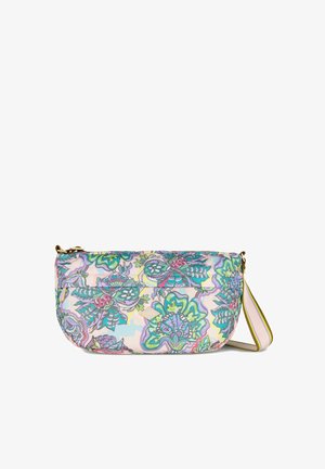 Bolso de hombro con estampado floral en rosa y verde, hecho de tela suave con cierre de cremallera y correa ajustable. Presenta patrones vibrantes y detallados.