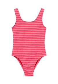 Maillot de bain une pièce rose rayé avec de larges bretelles, texture lisse et design à cuisses échancrées. Rayures horizontales dans des teintes variées.