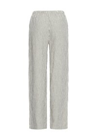 Pantalones beige claro con rayas verticales negras y una cintura elástica, con un corte de pierna recta.