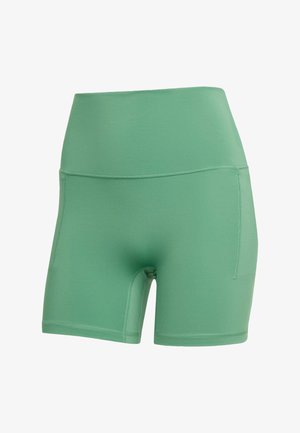 Zelené sportovní šortky z pružného materiálu. Mají vysoký pas a boční kapsy. Hladký povrch bez vzorů.