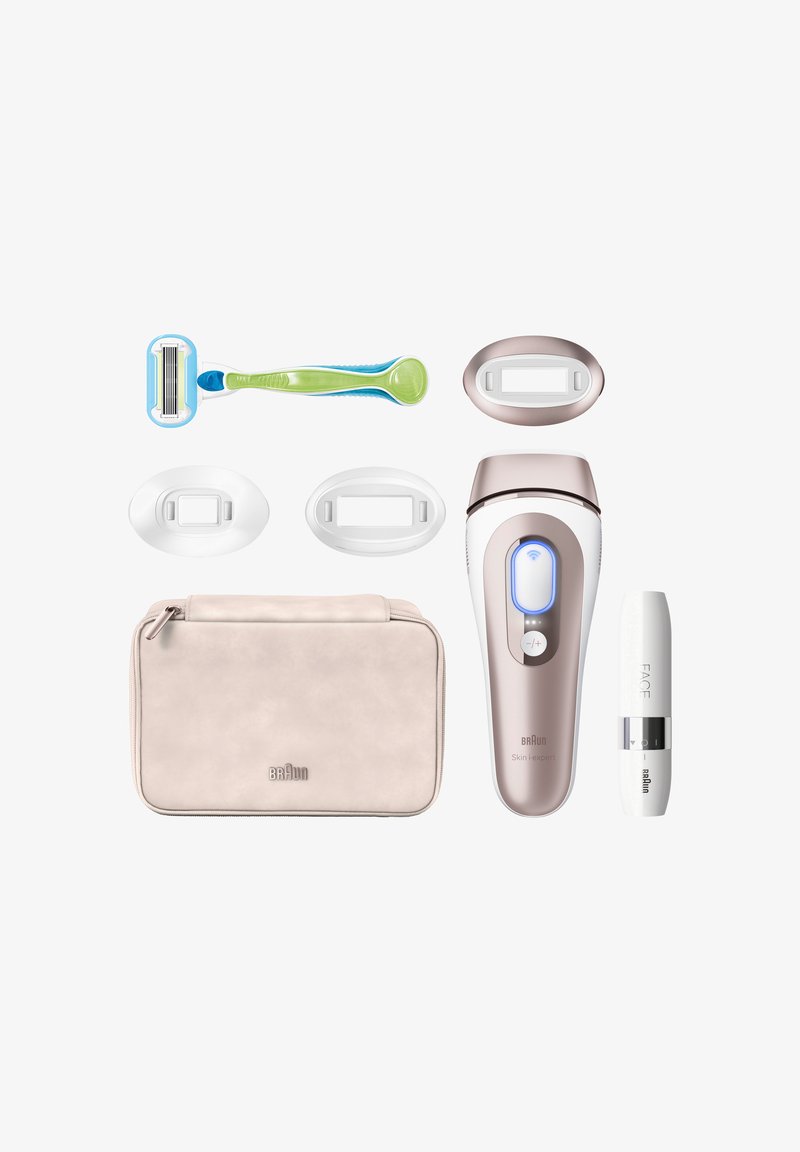 Braun hair removal set: white and rose gold device, razor with green accents, multiple white caps, and a beige zip pouch.