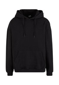Schwarzer Pullover-Hoodie mit Kängurutasche vorne, verstellbarer Kapuze mit Kordelzug sowie gerippten Bündchen und Saum.