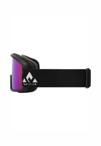 Mustat lumilasit, joissa on violetti visiiri, pehmeä vaahtomuovipehmustus ja säädettävä musta hihna, jossa on valkoinen logo sekä kolmionmuotoisia design-elementtejä.