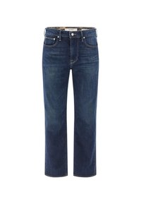 Jeans di denim blu scuro con taglio dritto, design a cinque tasche e etichetta con marchio sulla vita. Texture liscia con un minimo sbiadimento.