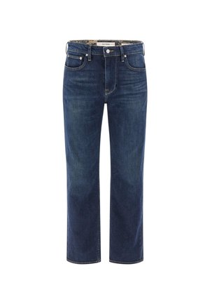 Ciemnoniebieskie dżinsy o prostym kroju, pięć kieszeni, z logo na pasku. Gładka tekstura z minimalnym wyblaknięciem.