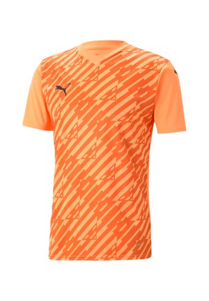 Oranges kurzärmeliges Sporthemd mit geometrischem Muster und strukturiertem Finish. Es hat einen V-Ausschnitt und ein schwarzes Logo auf der linken Brust.