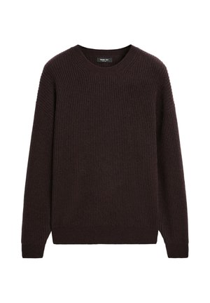 Maglione a coste di un rosso bordeaux scuro con scollo rotondo e maniche lunghe. Il tessuto ha un aspetto texturizzato, offrendo un design caldo e informale.