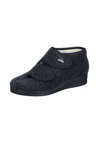 Dark gray fabric slipper with Velcro straps, a soft inner lining, and a wedge sole for support. Rounded toe and textured exterior.