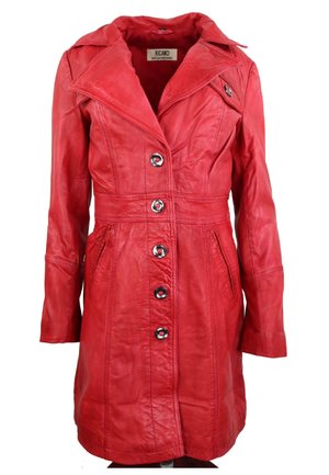 Red leather coat featuring a notched collar, button closure, and side pockets. Smooth texture with a tailored, knee-length design.