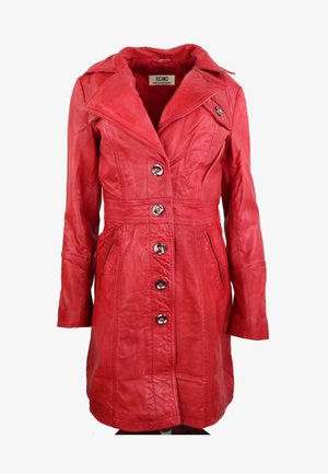 Red leather coat featuring a notched collar, button closure, and side pockets. Smooth texture with a tailored, knee-length design.