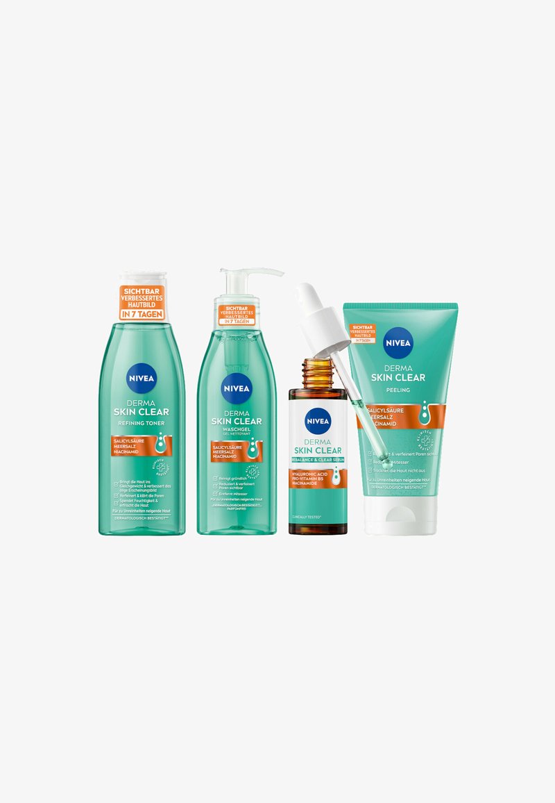 Four NIVEA skincare products in aqua-colored bottles: refining toner, cleansing gel, serum, and peeling cream; all with orange accents and text labels.