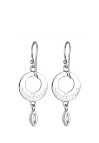 Ohrringe aus Sterlingsilber mit kreisförmigem Ausschnitt-Design, "925"-Stempel und tropfenförmigem Anhänger mit klarem Edelstein in der Mitte.