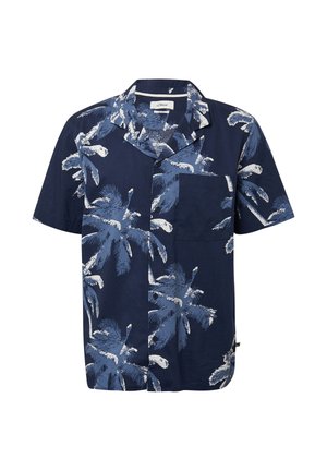 Short-sleeve shirt in navy with a palm tree print in white and light blue; features a notched collar and a front pocket.