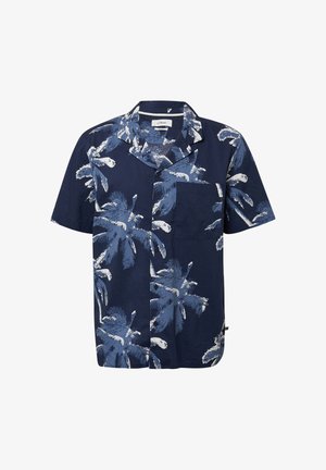 Chemise à manches courtes bleu marine avec un motif de palmier blanc et bleu clair ; dotée d'un col cranté et d'une poche sur le devant.