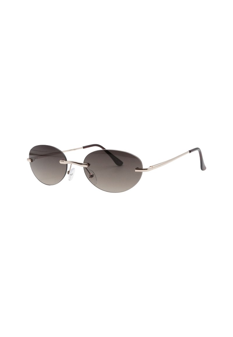 Occhiali da sole ovali con lenti scure a gradiente, montatura in metallo sottile color argento, caratterizzati da un design minimalista e bracci delle tempie scuri a contrasto.
