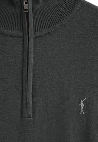 Mörkgrå zip-up tröja med ribbad krage, som har en liten broderad logo på vänster bröst. Materialet verkar mjukt och strukturerat.