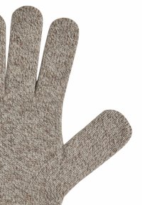 Guanti a maglia marroni con quattro dita e design a risvolto. La texture è morbida e calda, con un motivo melangiato.