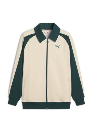 Cream and dark green zip-up jacket with a collar, featuring contrasting panels, a logo on the chest, and side pockets. Textured fabric.