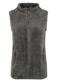 Chaleco de fleece gris con cuello alto, cremallera frontal completa, bolsillos laterales y un acabado texturizado y suave. Acento de logo de cuero en el dobladillo.
