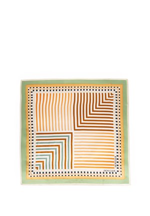 Kwadratowa chusta z zielonymi, żółtymi, brązowymi i białymi geometrycznymi paskami oraz czarno-białą, kratkowaną obwódką, oznaczona napisem "Deni Cler".