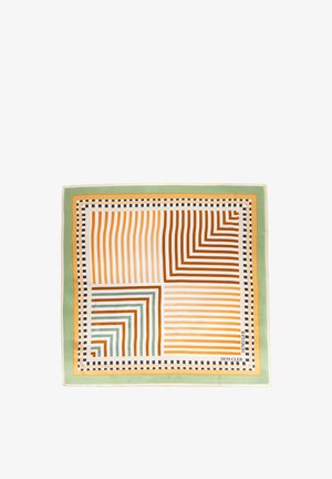 Kwadratowa chusta z zielonymi, żółtymi, brązowymi i białymi geometrycznymi paskami oraz czarno-białą, kratkowaną obwódką, oznaczona napisem "Deni Cler".