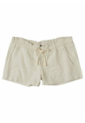 Ljust beige linnebyxor med resårmidja, snörning och två sidofickor. Har en avslappnad passform och mjuk textur.