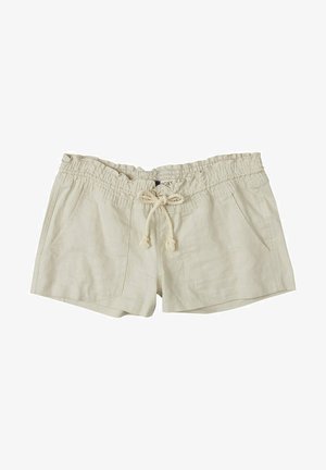 Pantaloni corti in lino beige chiaro con vita elastica, cordino e due tasche laterali. Presentano una vestibilità morbida e una texture liscia.