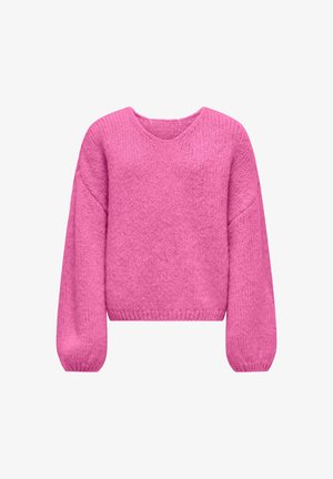 Rozā adīts džemperis ar vaļēju piegriezumu, V-veida izgriezumu un pūkainām piedurknēm. Fakturēts audums, gurnu garuma dizains, minimāla rotājuma elements.