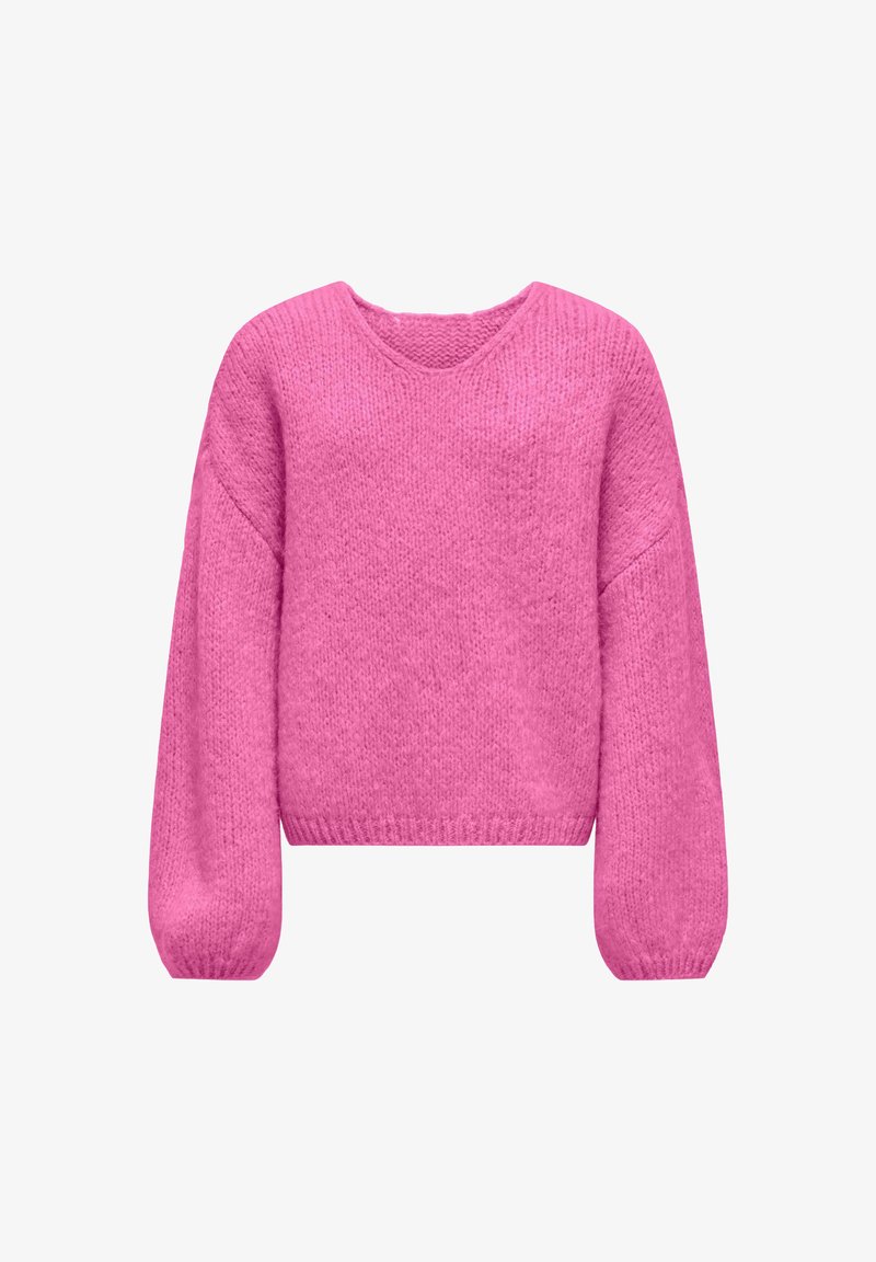 Roza pleten pulover s sproščenim krojem, V-izrezom in balonastimi rokavi. Teksturirana tkanina, dolžina do bokov, minimalni detajli.