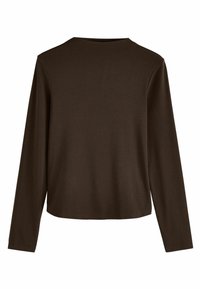 Brown, long-sleeve top featuring a round neckline and a loose fit, made of soft cotton material with a plain texture.