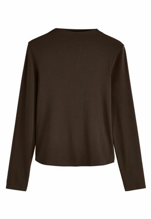 Brown, long-sleeve top featuring a round neckline and a loose fit, made of soft cotton material with a plain texture.