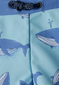 Shorts de bain bleu clair avec un motif de baleine en bleu foncé, dotés d'une taille texturée et d'un cordon tressé pour un ajustement.