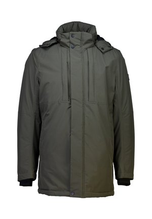 Ciemnozielona kurtka ocieplana z wysokim kołnierzem, podwójnym zapięciem na zamek z przodu, zatrzaskami i elastycznymi mankietami. Posiada lekki, gładki materiał.