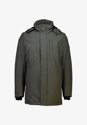 Giacca isolante verde scuro con colletto alto, doppia zip frontale, bottoni a scatto e polsini elastici. Presenta una trama leggera e liscia.